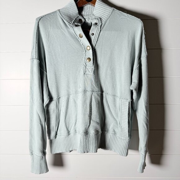 Aerie Sweatshirt Quarter Snap Ribbed Waist & Cuffs Light Aqua Sz. XS - Picture 1 of 8